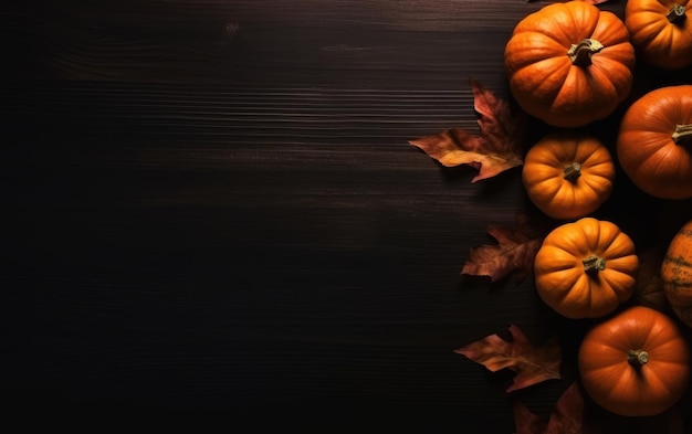 Halloween-Oberflächenhintergrund-Kopierraum mit Kürbissen und orangefarbenen Blättern