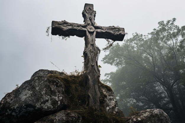 Halloween-Objekt altes Steinkreuz mit unheimlichem Gefühl