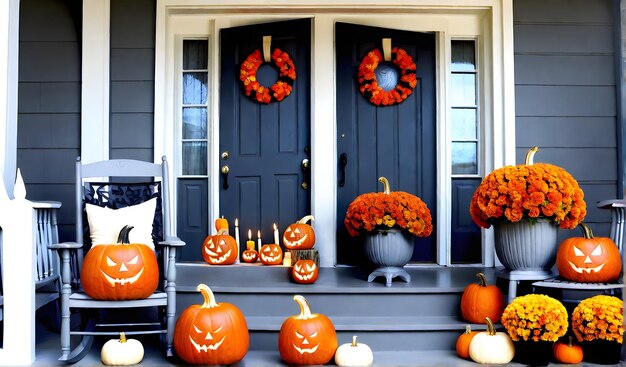 Halloween outono sazonal decorações da varanda da frente exterior decoração de casa cadeira abóboras Halloween bg