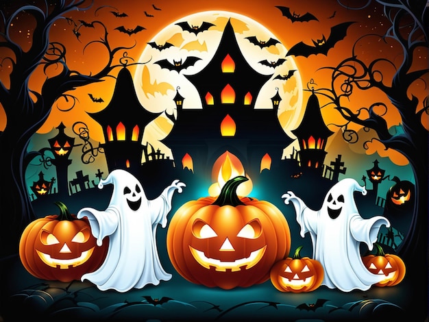 Halloween-Party-Hintergrund Beängstigende Geister mit Horror Kürbis Jack o Laternen brennende Kerzen Fledermäuse