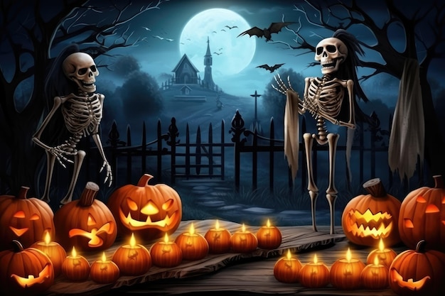 Halloween-Party-Hintergrund mit Skeletten und Kürbislaternen