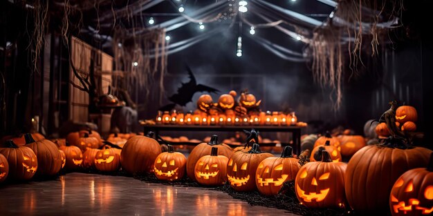 Halloween-Party mit bunten Kostümen und Kürbissen