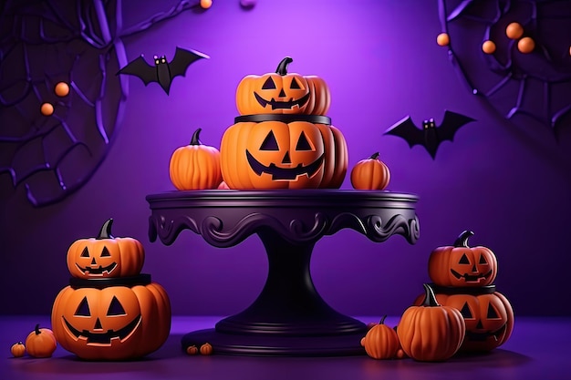 Halloween-Party-Produkte auf Podiums, Süßigkeiten-Eimer mit lila Hintergrund, Feriendekorationen