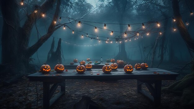 Halloween-Partylaternen und Girlanden auf einem Tisch in einem nebligen Wald, Skelette und Kürbisse, generative KI