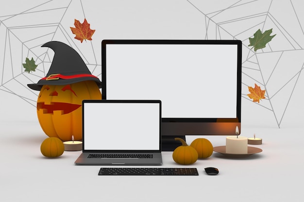Halloween-PC und Laptop-Vorderseite im grauen Hintergrund