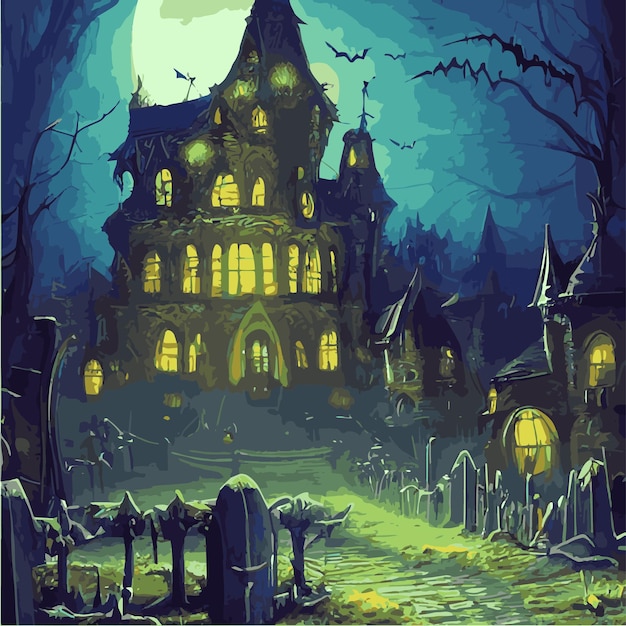 Halloween-Plakathintergrund Halloween-Illustration mysteriöse Nachtlandschaft mit Schloss-Vollmond-Kürbisbäumen