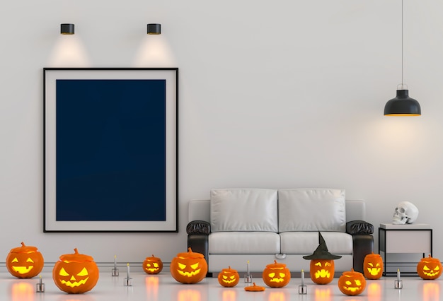 Halloween-Plakatspott oben im Wohnzimmer und in den Kürbisen
