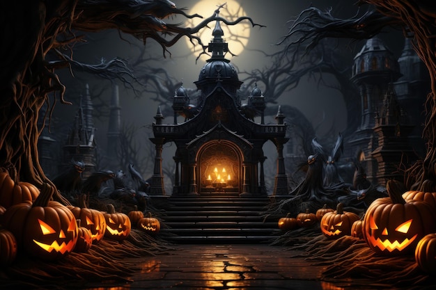 Halloween-Poster gruseliger Kürbis und Haus mit fantastischem Hintergrund Generative KI