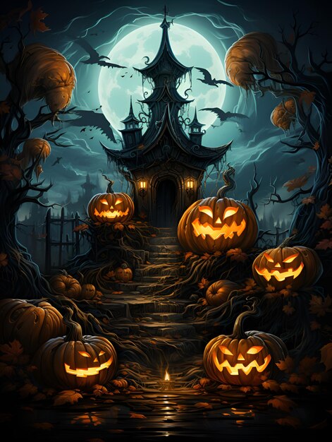 Halloween-Poster in einem mystischen alten Haus bei Nacht mit einem gruseligen Kürbislaternen-Kürbis vor einem