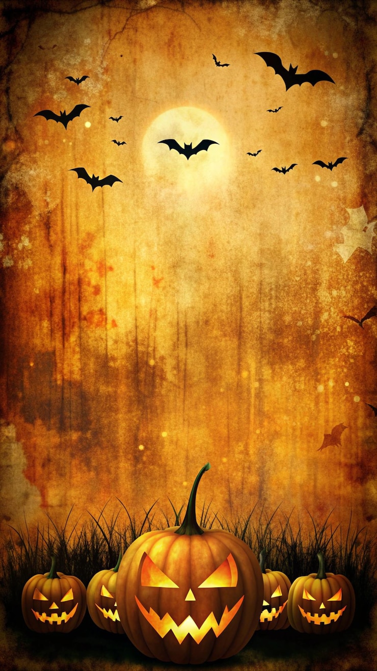 Foto halloween-poster mit kürbissen und fledermäusen, die im himmel fliegen