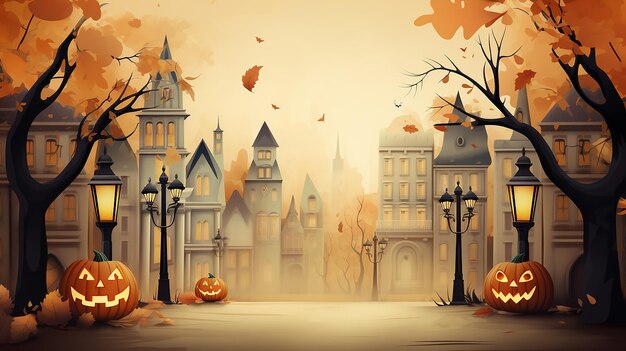 Halloween-Postkarte mit Stadtlinie in orangefarbenen Tönen Stadtstraße in weichem Hintergrund