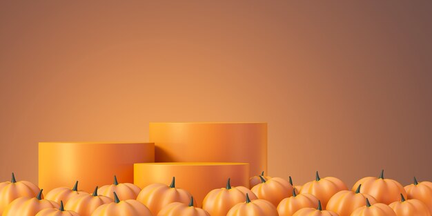 Halloween-Produktmodellhintergrund mit orangefarbener 3D-Produktpodiumanzeige und Kürbis, 3D-Rendering-Illustration