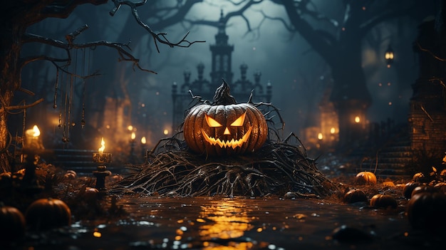 Halloween Pumpkin Em Uma Floresta Mística À Noite IA Gerativa