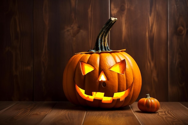 Halloween Pumpkin Head Jack Lantern em fundo de madeira criado com ferramentas generativas de IA