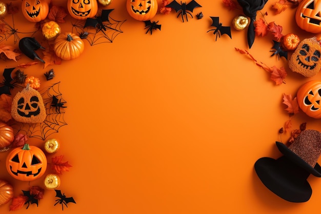 Halloween-Rahmen flach liegend. Moderne Kürbisse, Jack-o-Laterne, Spinnen, Fledermäuse, Rahmen auf dem Hintergrund mit Platz für Text. Grußkarte der Jahreszeit. Fröhliches Halloween