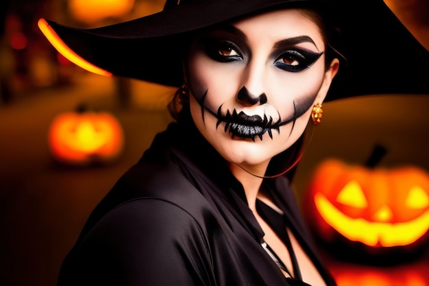 Halloween Retrato de una mujer con maquillaje de bruja en un disfraz cerca de calabazas por la noche en la ciudad