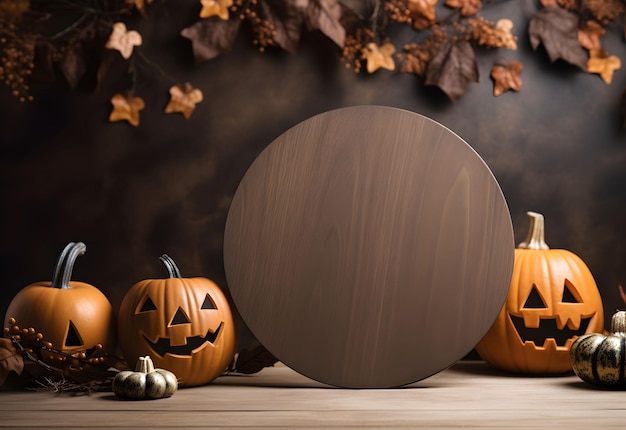 Halloween-Rundzeichen-Mockup mit Kürbissen und Blättern auf dunklem Hintergrund Holztafel mit Dekoration