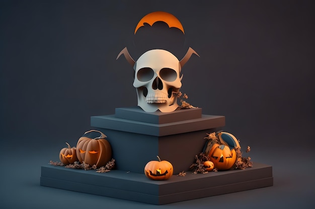 Halloween-Schädel auf einem Podium, Papierkunststil, AI-generierter Hintergrund