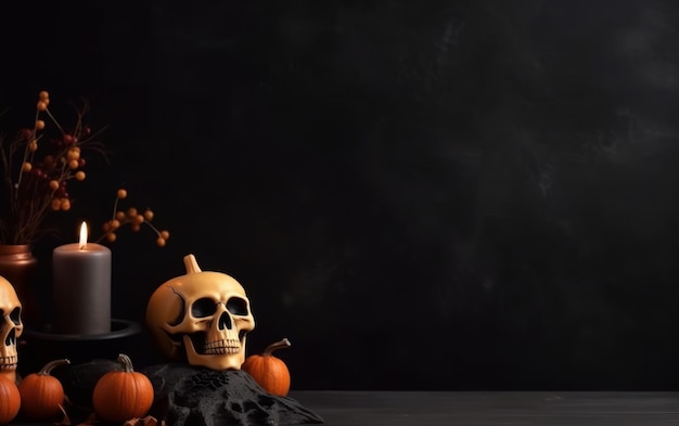 Halloween-Schädel und Kerzen auf schwarzem Hintergrund.