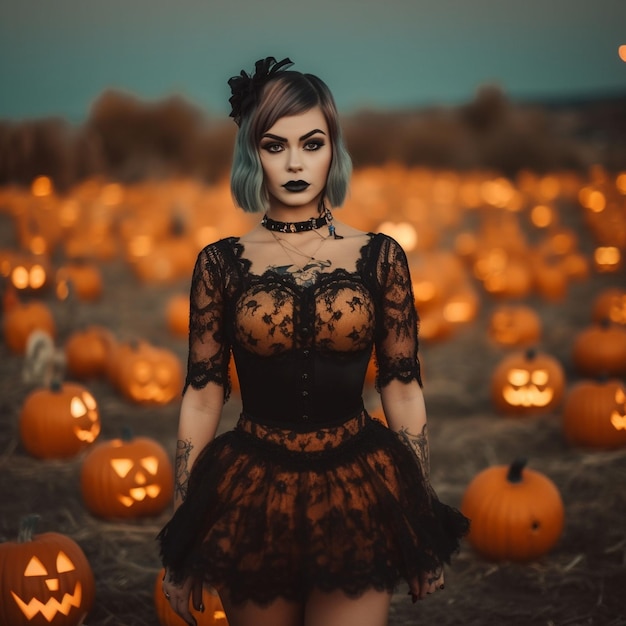 Halloween-Schlosshintergrund mit gruseligen Kürbiskerzen auf dem Friedhof in der Nacht