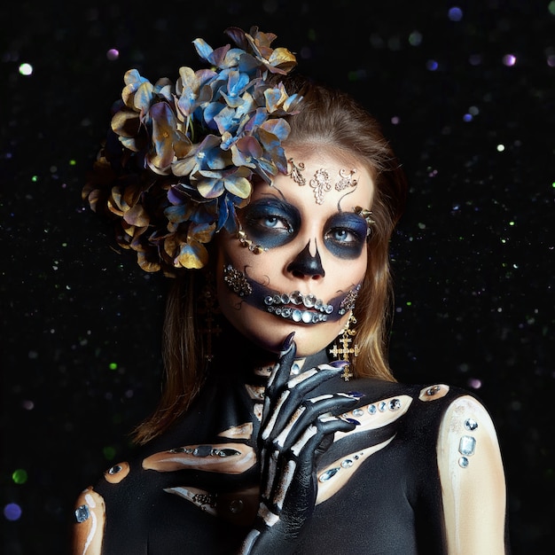 Halloween-Schönheitsporträt einer Skelettfrau des Todes Bokeh-Glitter, das Make-up im Gesicht. Mädchen Tod Halloween-Kostüm. Tag der Toten. Charmante und gefährliche Calavera Catrina