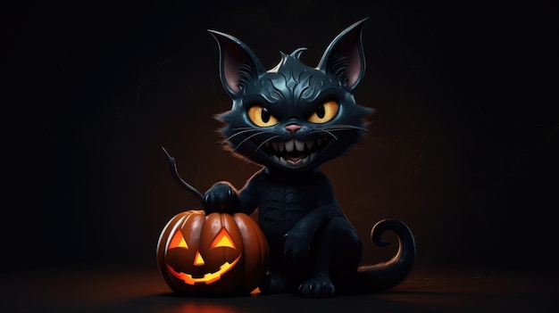 Halloween schwarze Katze mit Kürbis auf schwarzem Hintergrund Generative KI