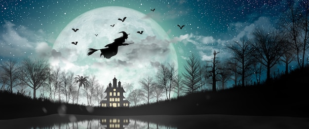 Halloween-Silhouette der Hexe, die über den Vollmond, das Spukhaus, die Fledermäuse und den toten Baum fliegt.