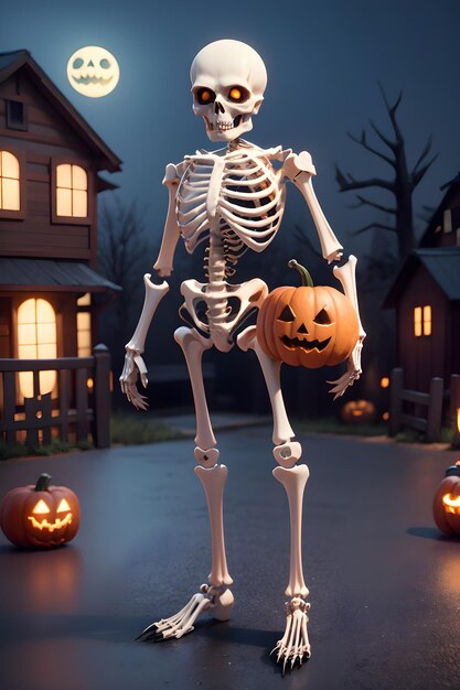 Halloween-Skelett vor einem Spukhaus