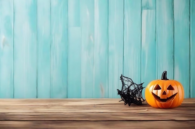 Foto halloween spooky pumpkins concepto de vacaciones con jack olantern decoración de calabaza de brillo en una mesa de madera