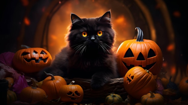 Halloween süße schwarze Katze und Kürbislampen KI-generiertes Bild
