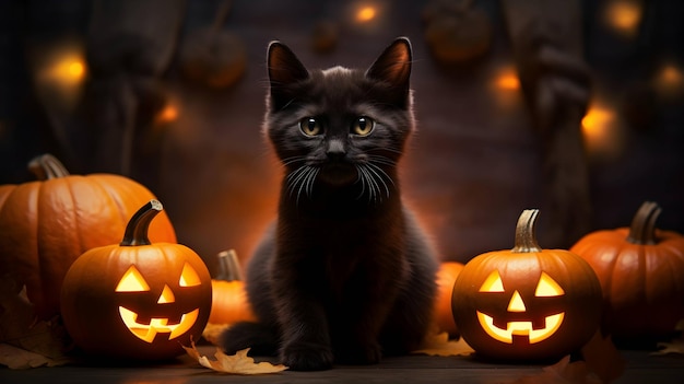 Halloween süße schwarze Katze und Kürbislampen KI-generiertes Bild