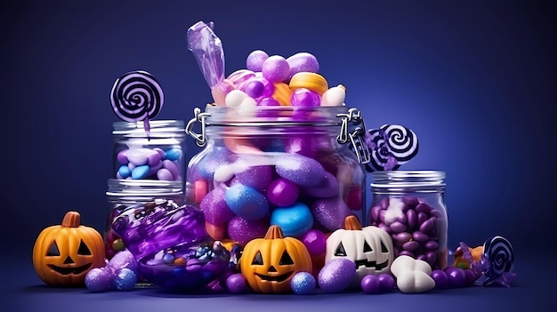 Halloween-Süßigkeiten auf einer lila Szene
