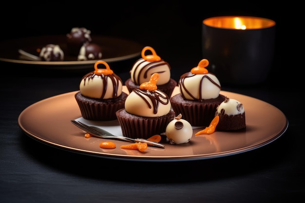Halloween-Süßigkeiten ein Teller mit Geister-Cupcakes und Süßigkeiten im Stil von dunkelorange und dunkelbrauner generativer KI