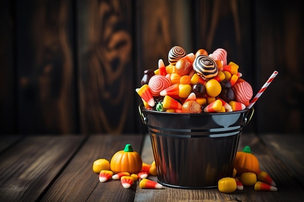 Halloween-Süßigkeiten im Eimer auf Holzhintergrund