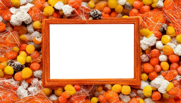 Halloween Süßigkeiten Rahmen mit leeren Platz für Ihren Text in der Mitte Leerer weißer Raum, umgeben von orangefarbenen Bonbons Halloween-Kartenvorlage Ansicht von oben Flacher Halloween-Rahmen