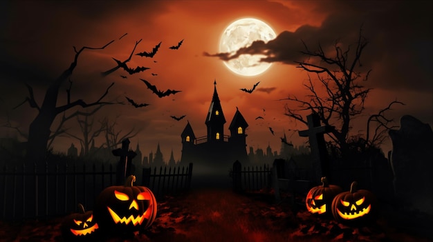 Halloween-Szene-Horror-Hintergrund mit gruseligen Kürbissen der gruseligen Halloween-Spukvilla Böses Haus bei Nacht mit Vollmond Generative KI