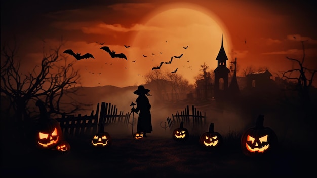 Halloween-Szene-Horror-Hintergrund mit gruseligen Kürbissen der gruseligen Halloween-Spukvilla Böses Haus bei Nacht mit Vollmond Generative KI