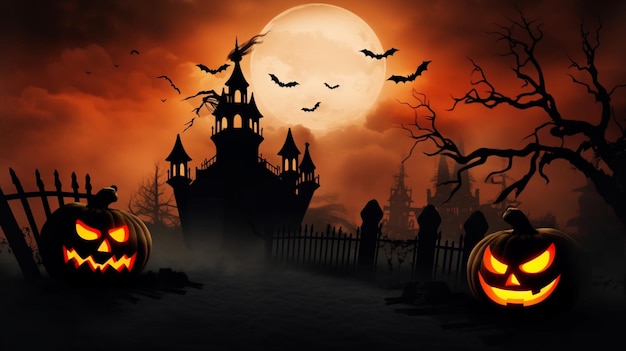 Halloween-Szene-Horror-Hintergrund mit gruseligen Kürbissen der gruseligen Halloween-Spukvilla Böses Haus bei Nacht mit Vollmond Generative KI