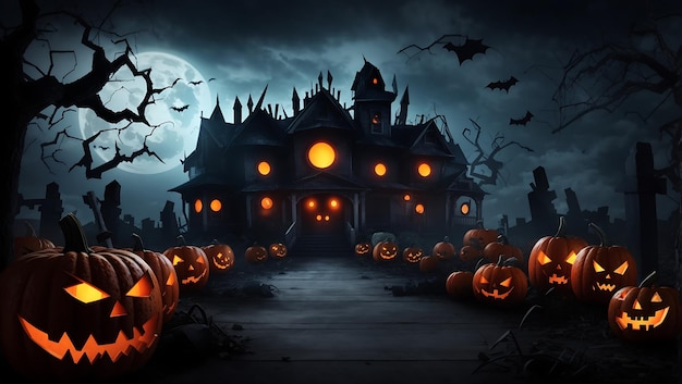 Foto halloween-szene-horror-hintergrunddesign mit teufelskürbis-tapete, generiert von ki
