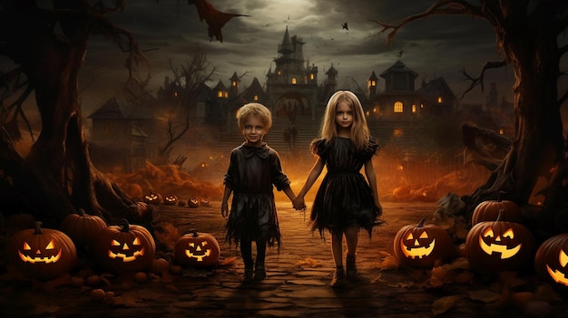 Halloween-Szene Kinder in Kostümen, die nach Süßigkeiten fragen
