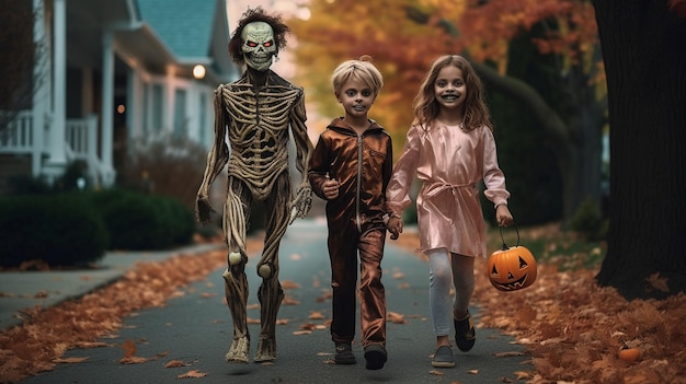 Halloween-Szene Kinder in Kostümen, die nach Süßigkeiten fragen