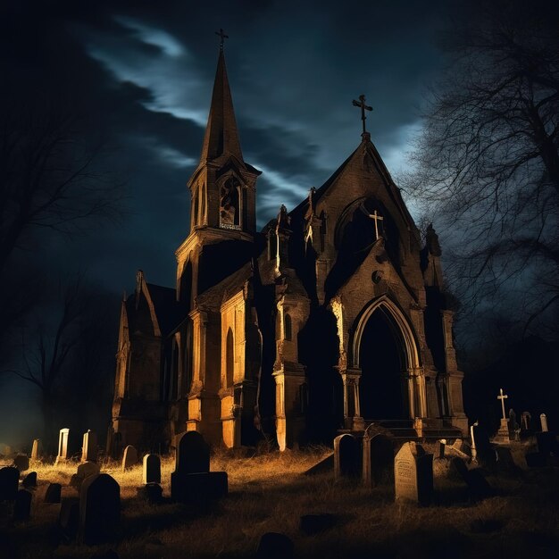 Halloween-Szene mit einer alten verlassenen Kirche und einem Friedhof im Mondschein