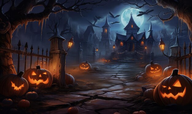 Halloween-Szene mit Friedhofskürbissen und Gräbern