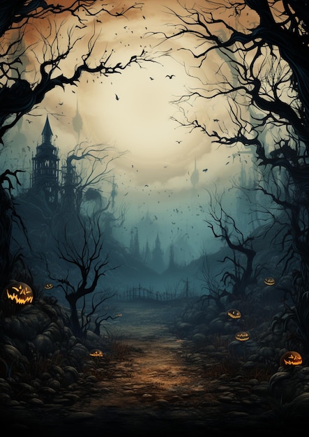 Halloween-Szene mit Kürbissen und gruseligen Bäumen in einem gruseligen Wald