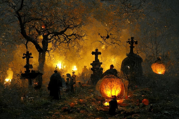 Halloween-Szene mit mystischer Atmosphäre dunkle beängstigende Stimmung mit Kürbissen dunkle Wolken und Himmel groß m
