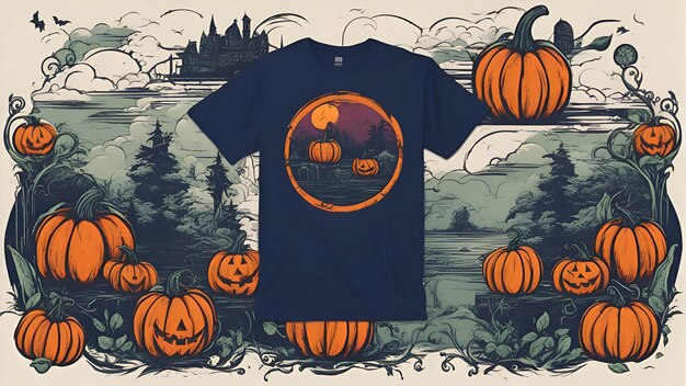 Foto halloween-t-shirt-design mit kürbissen-illustration t-shirt print-design