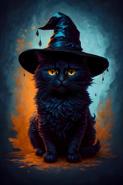 Halloween-T-Shirt-Design Schwarze Katze mit Hexenhut auf orangefarbenem Kürbis