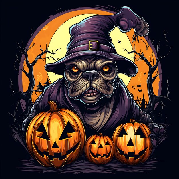 Halloween-T-Shirt-Logo-Aufkleber mit Kürbis-Boo-Bulldogge-Hexe-Mond-Fledermaus-Besen