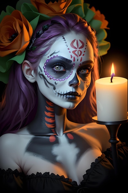 Halloween-Tag der Toten, Bodypaint-Porträt, geschmückt mit Blumen auf dem Kopf und Kerzenlichtern auf dem Tisch AI Generative