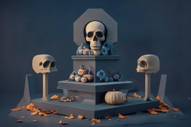 Halloween-Tag des toten Schädels auf einem Podium Papier Kunststil ai generiert Hintergrund